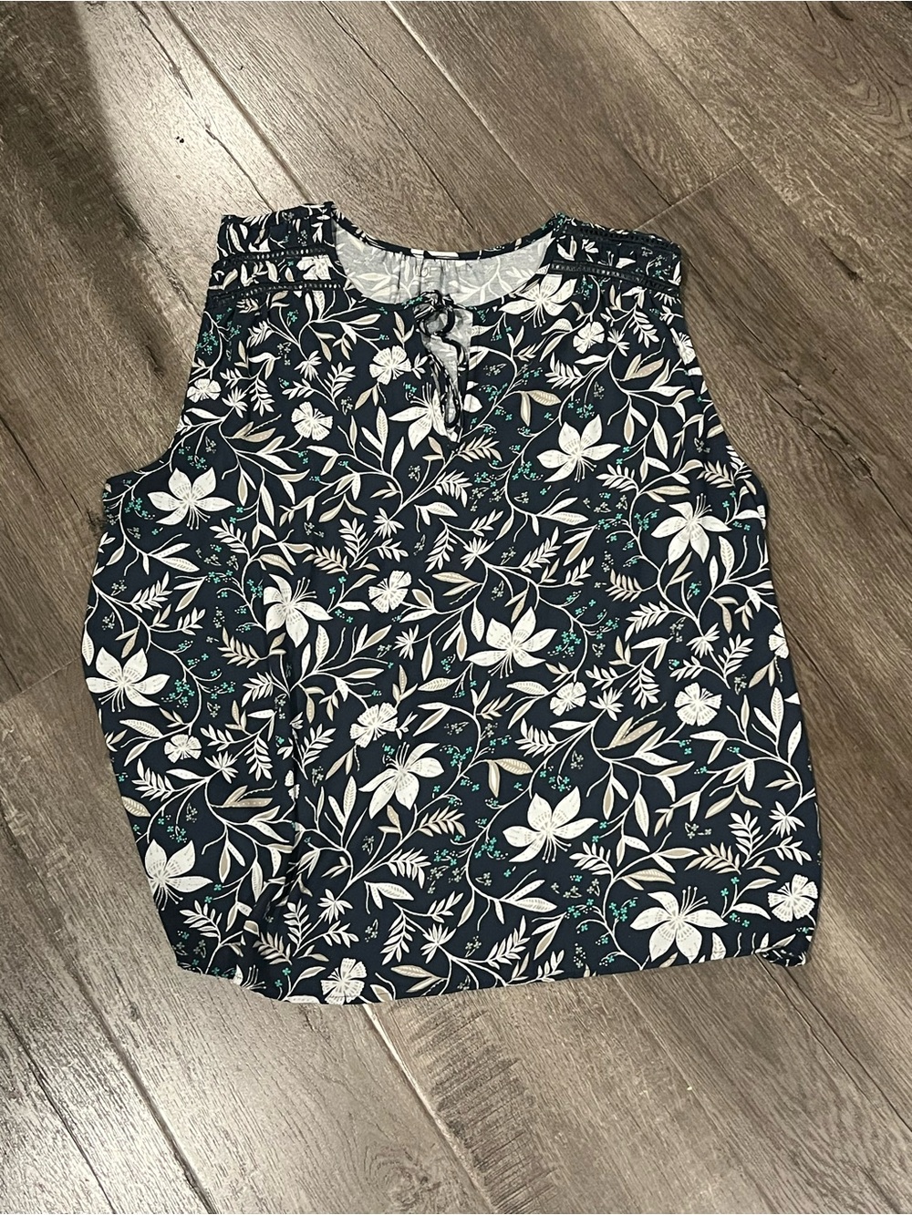 LOFT Navy Floral Sleeveless Tie-Neck Blouse